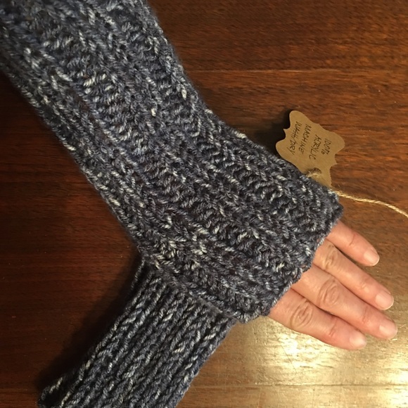 Handmade knitted fingerless gloves blue denim look - Picture 2 of 3